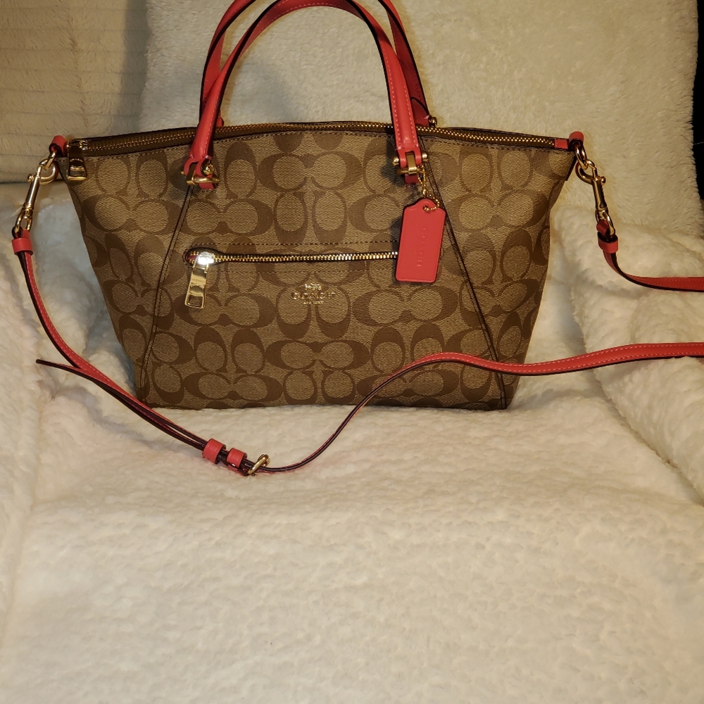 Coach Prairie Satchel in Signature Canvas with pink handbag F79998